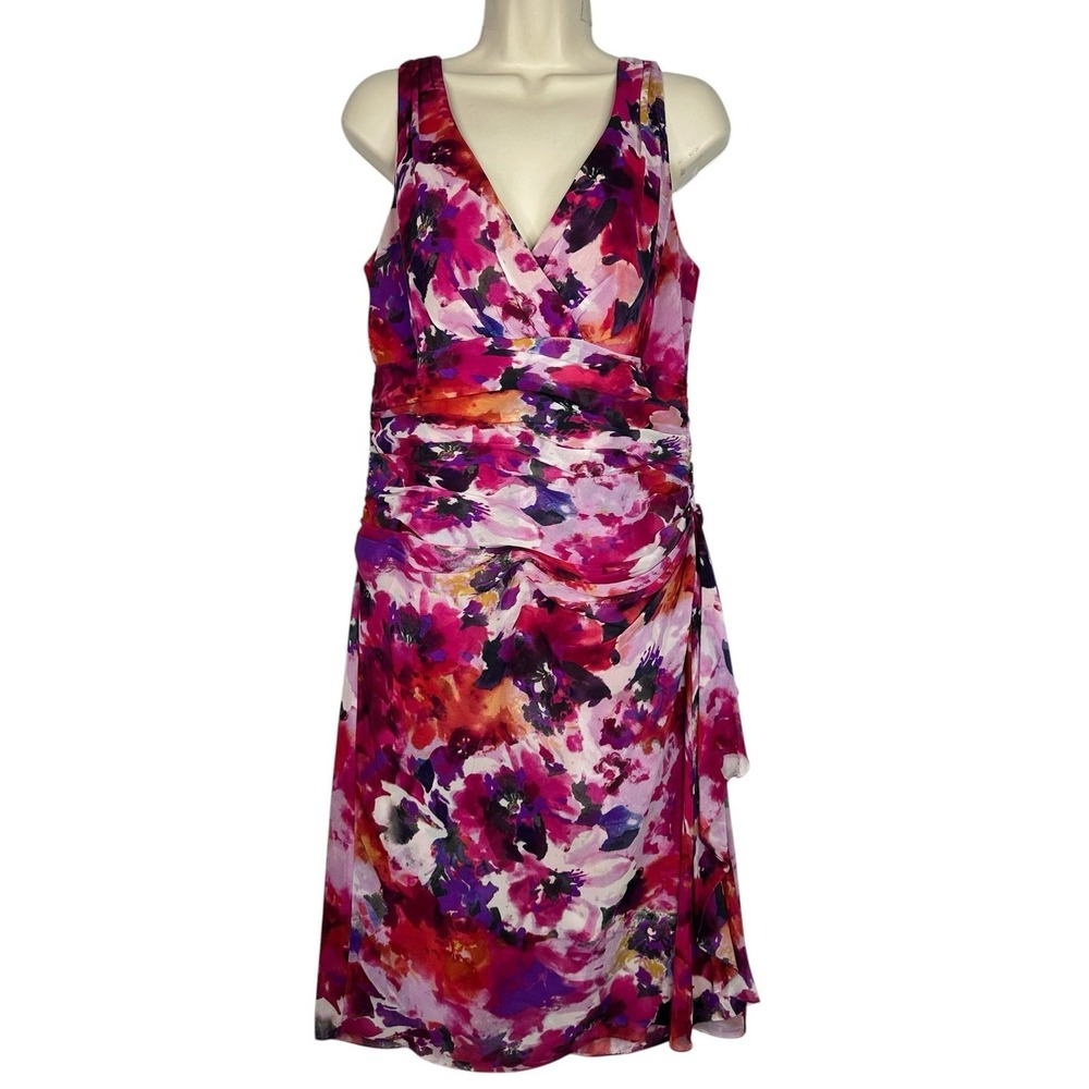 Lauren Ralph Lauren Silk Chiffon Floral Faux Wrap Dress Womens 10 Pink Ruched